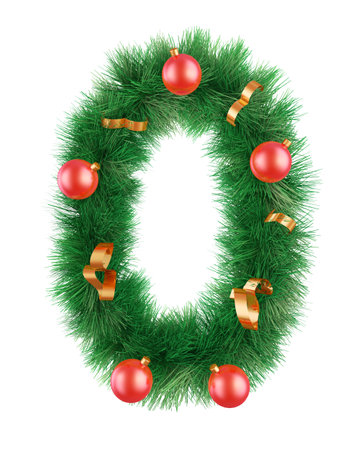 Christmas wreath in the shape of number zero with ribbons and balls. 3d renderの写真素材