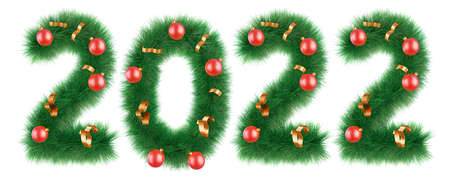 Christmas wreath of figures of twos and zero with ribbons and balls on a white background. 3d render.の写真素材