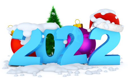 Snowy numbers 2022 next to a Christmas tree. 3D rendering.の写真素材