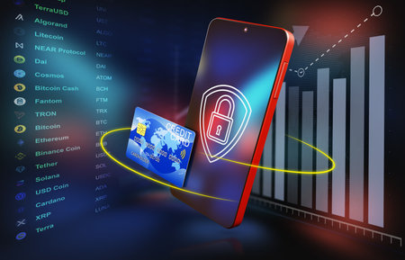 smartphone with a lock on the screen and a bank card on the background of the cryptocurrency exchange. 3d render.の写真素材