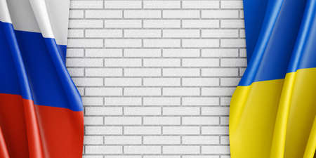 Brick wall mockup and flags of Ukraine and Russia. 3D rendering.の写真素材