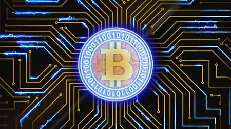 A gold bitcoin coin pulsates with blue light on a circuit board. 3d rendering.の写真素材