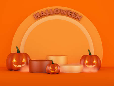 Orange podium of three cylinders with halloween sign and three pumpkins. 3d rendering.の写真素材