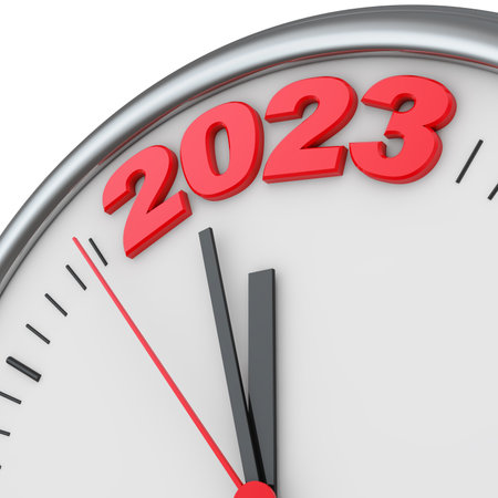 Round clock whose hands show the date 2023. 3d render.の写真素材