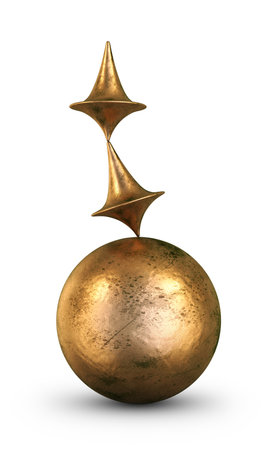Pyramid of two balancing spinning tops on top of a ball on a white background.3D rendering.の写真素材