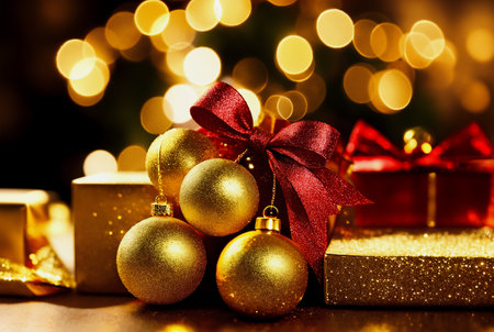 Christmas tree balls and gifts close-up on bokeh backgroundの素材