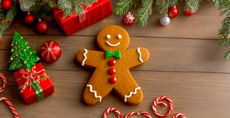 gingerbread man on a board table next to Christmas gifts.の素材
