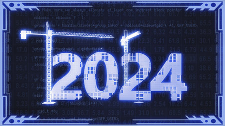 Two tower cranes building a volumetric figure of 2024 in blue tinting. 3d rendering.の写真素材