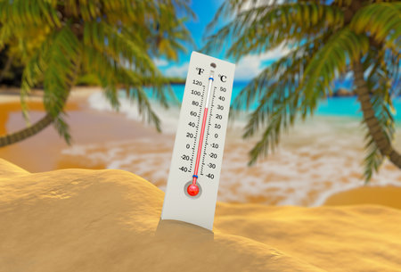 A thermometer on the sand close-up shows an increase in temperature against the backdrop of palm trees on the beach and the seashore. 3D rendering.の写真素材
