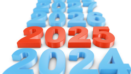 Red voluminous figures 2025 on a white background. 3d rendering.