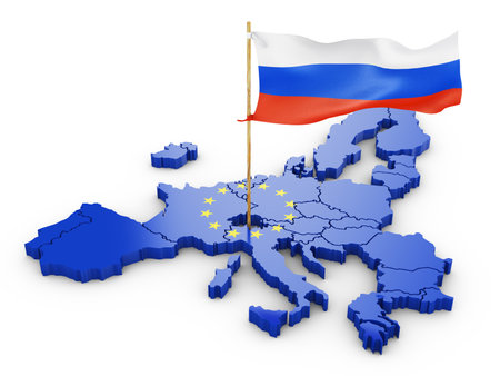 Volumetric map of the European Union and the waving flag of Russia close-up. 3D render.の写真素材