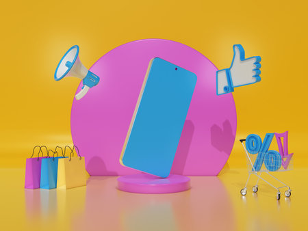 A smartphone surrounded by shopping elements such as a shopping cart with a percentage sign, a megaphone, a thumbs up icon and gift bags. 3D rendering.の写真素材