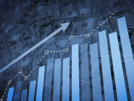 Abstract financial background with a rising blue bar graph and a line chart overlayed on scattered US hundred-dollar bills, symbolizing business success, profit increase, and economic growth. 3D rendering.の写真素材