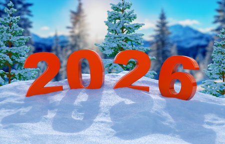 Red volumetric numbers 2026 on a snowy hill with pine trees and mountains in the background, celebrating the New Year in a winter landscape. 3D renderの写真素材