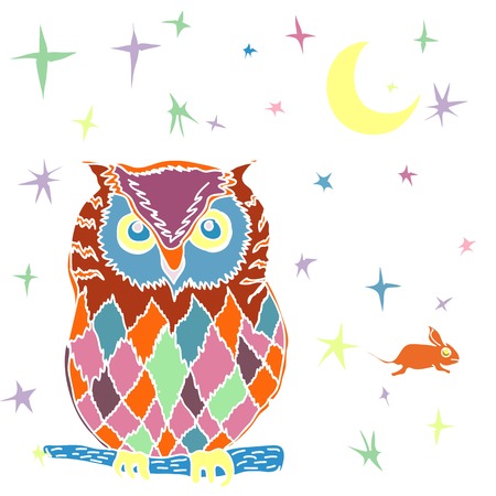  colorful birds, pink owl leavesのイラスト素材