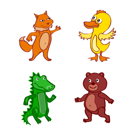 Hand-drawn cartoon vector wild set illustration duck fox bear Crocodileのイラスト素材
