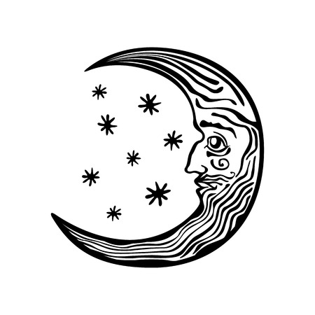 Decorative moon shape on the night sky folklore retro vintage artのイラスト素材