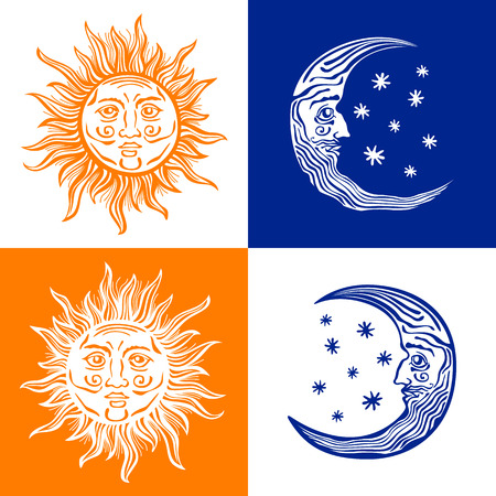 Sun, month and stars.Vector in vintage style folkloreのイラスト素材