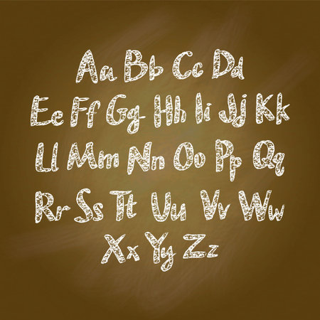 Brown Wood school desks set and hand-drawn chalk alphabet artのイラスト素材