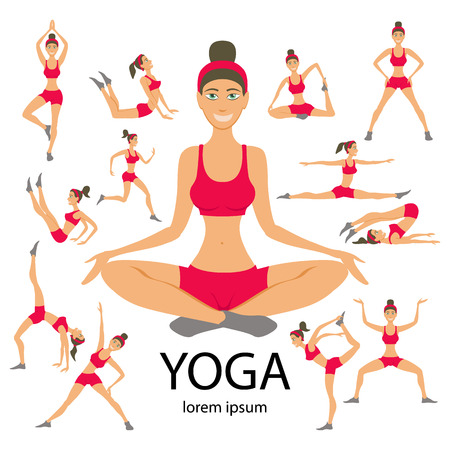 Vector yoga illustration. Yoga set. Yoga exercises. Women yoga. Yoga class, yoga center, yoga studio. Yoga poster. Sketch with yoga asana. Girl does yoga exercises. Healthy lifestyle.のイラスト素材