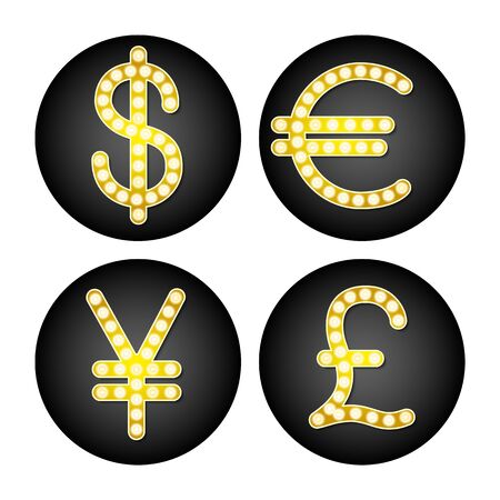 The currency signs of Dollar, Euro, Pound and Yen. Green Badge, Label or Sticker on the light background.のイラスト素材