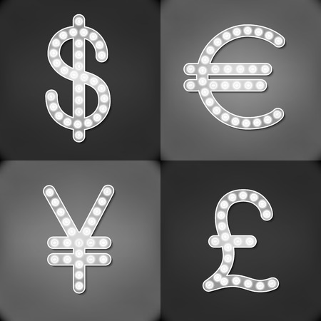 The currency signs of Dollar, Euro, Pound and Yen. Green Badge, Label or Sticker on the light background.のイラスト素材