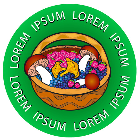 Vector basket full of mushrooms with blueberries and fern leaves artのイラスト素材