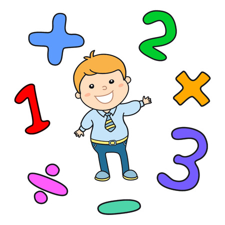 Cartoon style math learning game illustration. Mathematical arithmetic logic operator symbols icon set. Template for school teacher educational usage. Cute boy student character. Calculation lesson. artのイラスト素材