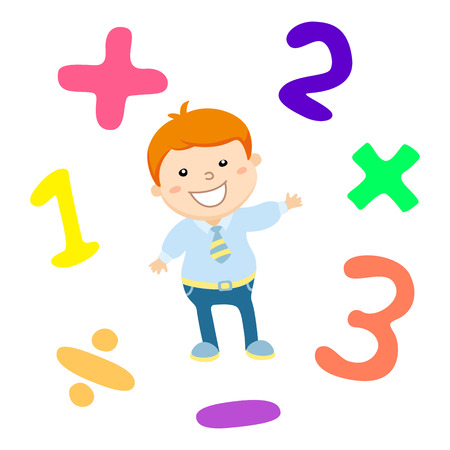 Cartoon style math learning game illustration. Mathematical arithmetic logic operator symbols icon set. Template for school teacher educational usage. Cute boy student character. Calculation lesson. artのイラスト素材