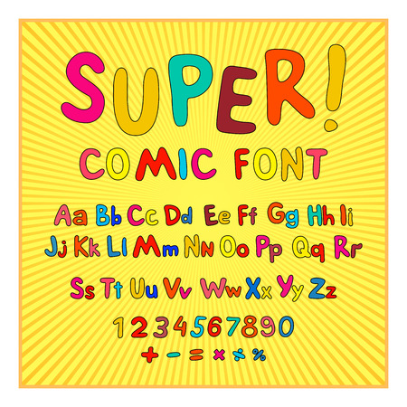 Creative comic font. Alphabet in style of comics, pop art. Multilayer funny red & chocolate  3d letters and figures on a yellow circular striped background. For kids' illustrations,  comics, bannersのイラスト素材