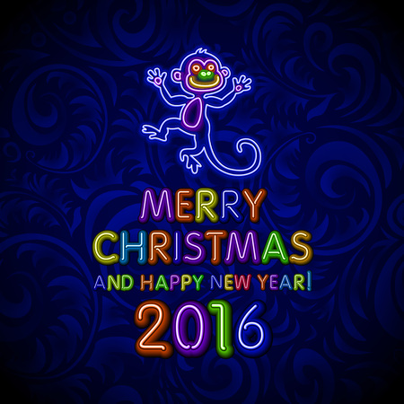 Vector Illustration of 2016 new year Outline neon light BAckground for Design, Website, Banner. Holiday party Element Template. Christmas tree toy Monkey. merry christmas and happy new year artのイラスト素材