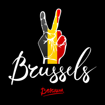 Hand making the V sign, Belgium flag painted as symbol of victory, win, success - isolated on white background. lettering hand-written Belgium red, Brusselse. artのイラスト素材