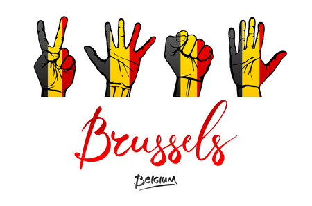 hands on Belgium flag background. lettering hand-written Belgium red, Brusselse. artのイラスト素材