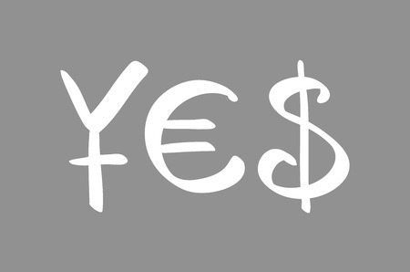 currency symbols (for Yen, Euro and US Dollar) forming a word YES. Concept of successful financial deal, transaction or agreement. Isolated artのイラスト素材