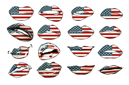 Flags of the USA in sensuality lips set women vector. america artのイラスト素材