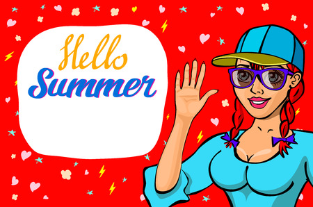 lettering Hello summer greeting card. girl waving welcome. girl in sunglasses. Happy child greeting. Cute cartoon laughing character in dress. Smiling woman. background Flat Vector illustration artのイラスト素材