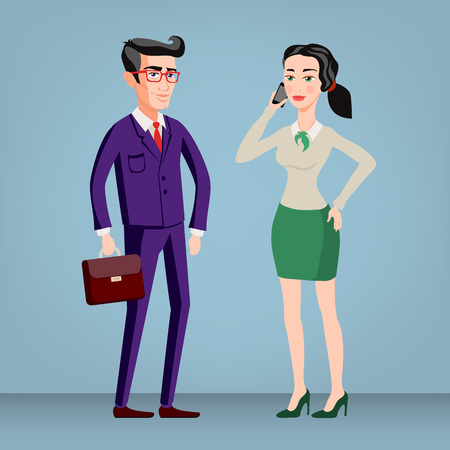 Colored flat design style illustration of business people - man and woman - dressed in suits. Isolated on stylish background. For infographics, banners and printed materials. vector artのイラスト素材