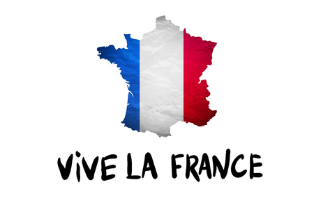 Vive la France message and national French Republic flag overlaid on detailed outline map isolated on white background vector artのイラスト素材