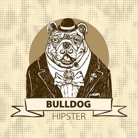 Hand Drawn Vector Portrait of French Bulldog in Pink Tie Bow and Monocle vector artのイラスト素材