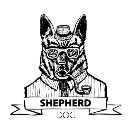 German dog Shepherd hipster smokes a pipe in a headdress Illustration vector artのイラスト素材