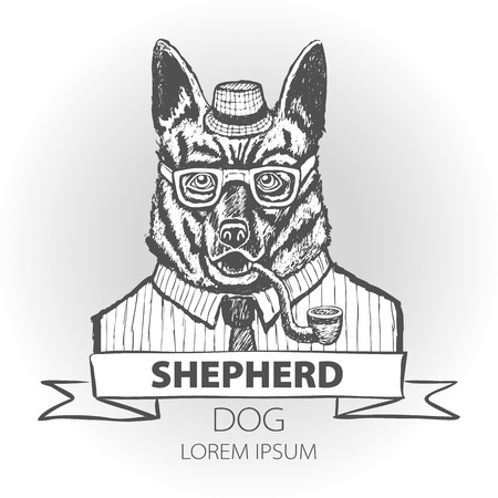 German dog Shepherd hipster smokes a pipe in a headdress Illustration vector artのイラスト素材