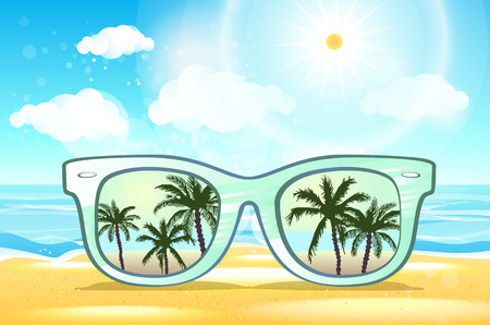 White Sunglasses reflection sunset at palm tree landscape scene in light blue studio, Summer Time concept, Leave space for adding your content or text vector artのイラスト素材