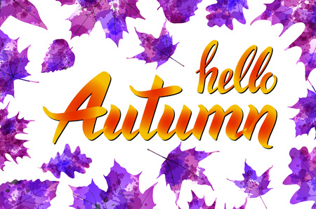 Cool fresh blue Hello Autumn design with elegant white text and bunches of orange fall leaves over a graduated blue background with glow effect, vector illustration artのイラスト素材