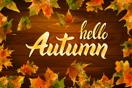 hello autumn text on wooden background orange leaf vector artのイラスト素材