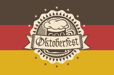 Oktoberfest in the pub or bar during the fest, beer mug with foam filled to the brim for traditional vintage pub for oktoberfest banner, Bavarian artのイラスト素材