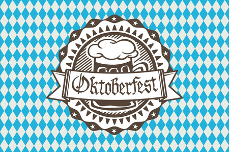 Oktoberfest in the pub or bar during the fest, beer mug with foam filled to the brim for traditional vintage pub for oktoberfest banner, Bavarian pattern artのイラスト素材