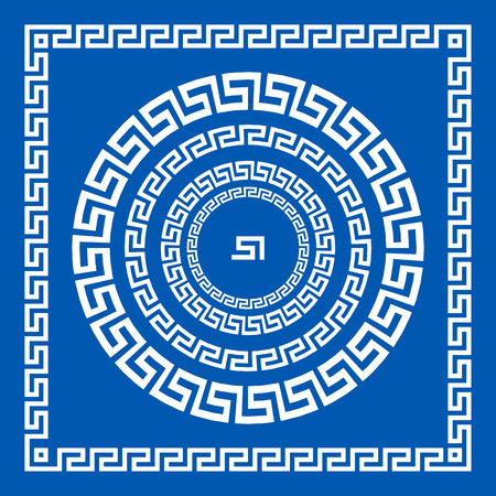 Set of vector brushes to create Greek Meander patterns and samples of their application for round and square frames. Greek borders. Blue color isolated on white background artのイラスト素材