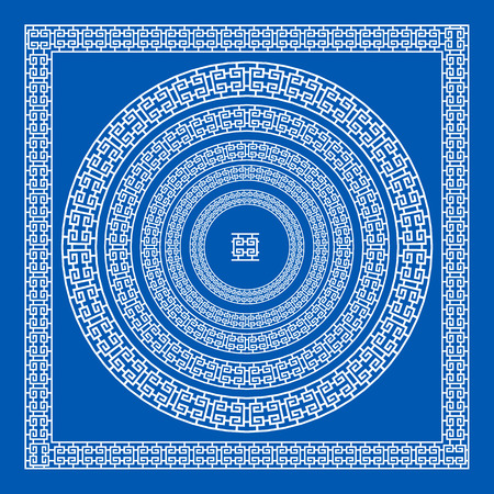 Set of vector brushes to create Greek Meander patterns and samples of their application for round and square frames. Greek borders. Blue color isolated on white background artのイラスト素材
