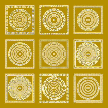 Vector set Traditional vintage golden square and round Greek ornament Meander border greece gold artのイラスト素材