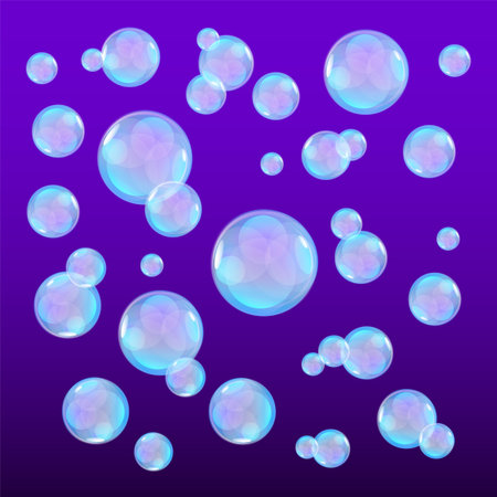 Bubbles in water on violet background horizontal seamless pattern. Circle and liquid, light design, clear soapy shiny, vector illustration artのイラスト素材